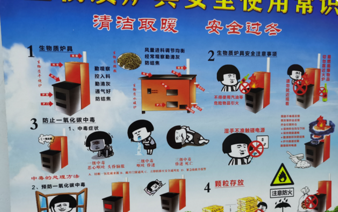 用圖畫的形式說明生物質爐具的使用和安全防范知識，讓老人們也能看懂