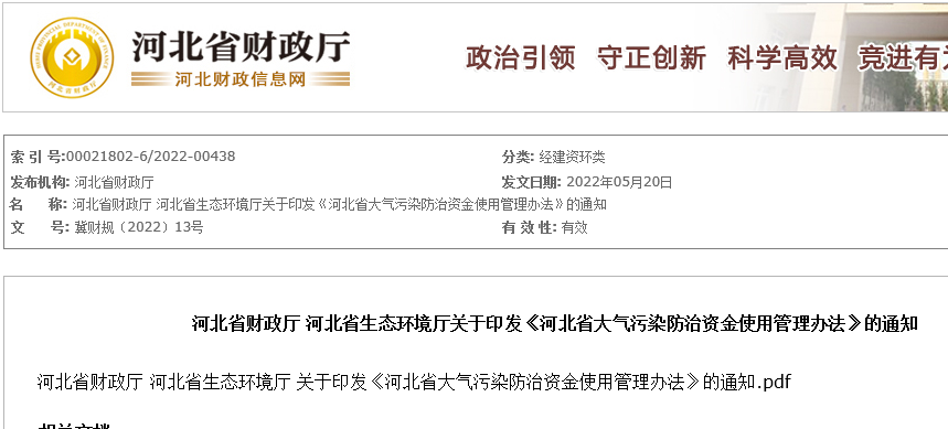 河北省大氣污染防治資金管理辦法
