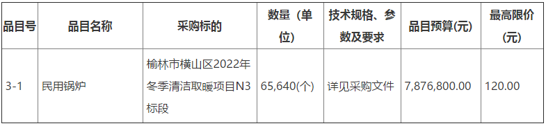 榆林市橫山區2022年冬季清潔取暖民用鍋爐197584(個)項目3